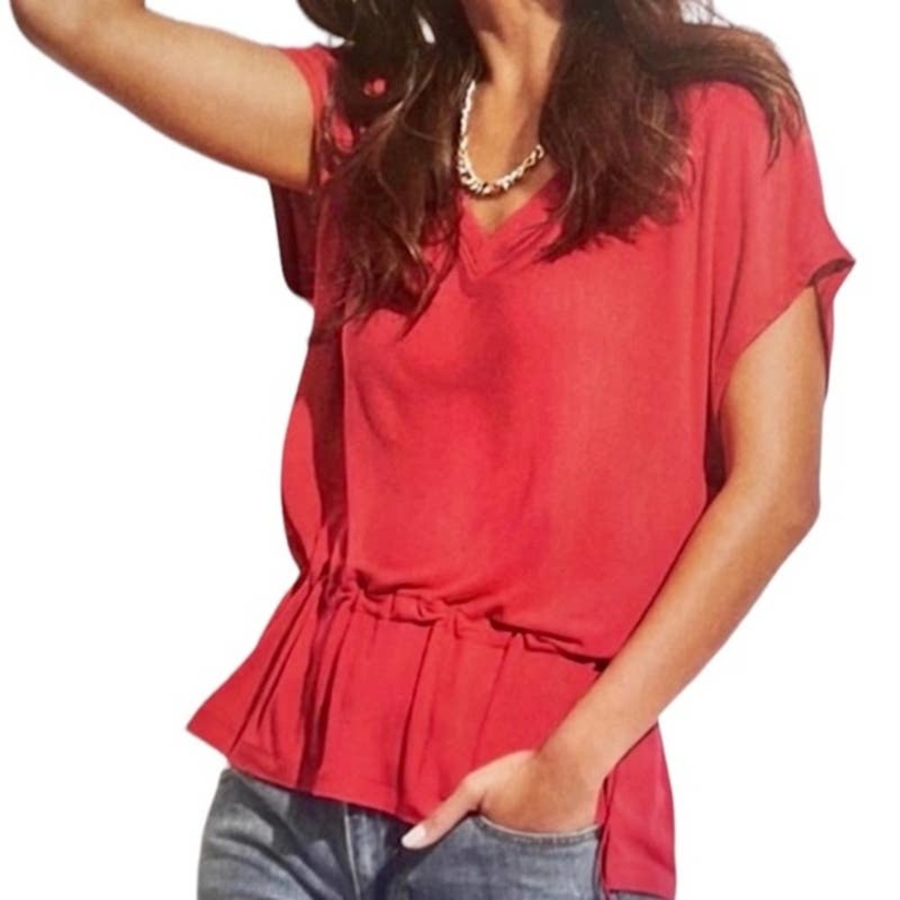 Cabi #6129 Red Formal Tee Short Sleeve Drawstring Peplum Soft Jersey Top